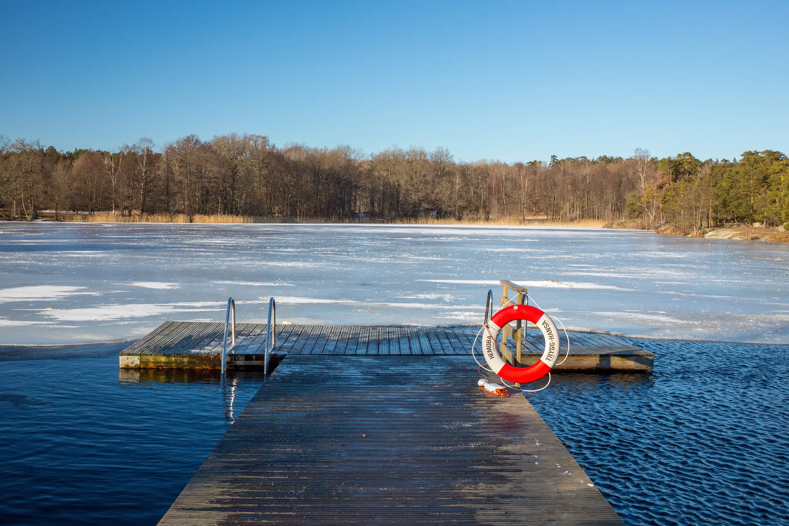Frozen lake with dock and lifebuoy during winter